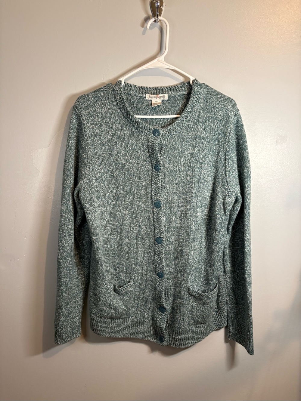Vintage Hasting & Smith Petite Soft Knit Teal Crewneck Cardigan Sweater PXL Blue